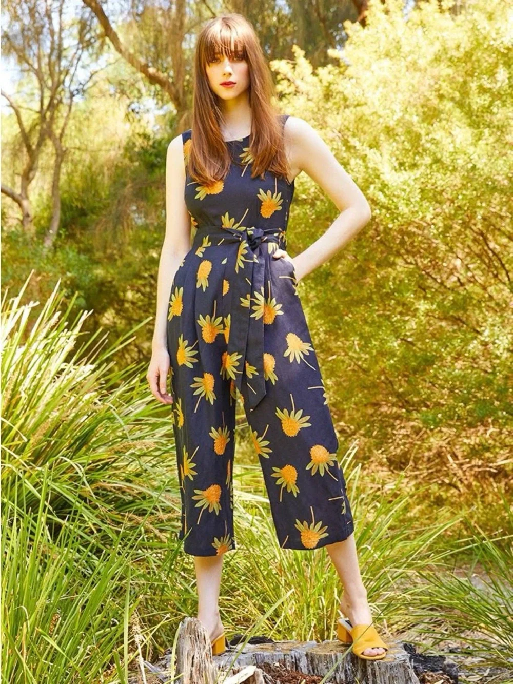 Princess Highway Waratah Print Black Jumpsuit with‎ Orange Protea Floral, Sz 12
